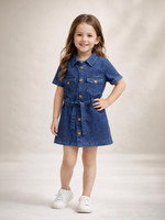 Oligne Indi Girls Short/Mid Thigh Casual Dress(Blue, Short Sleeve)