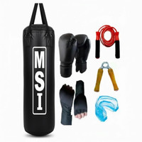 Monika Sports Senior Boxing Pack 3 feet unfilled Punching Bag With Hanging Strap + Pair of Boxing handwrap + Pair of Boxing Gloves + 1 Bearing Skipping Rope + 1 Wooden Handgrip + 1 Mouth Guard Boxing Kit