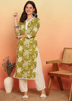 VBUYZ Women Printed Straight Kurta(Yellow)