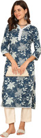 VBUYZ Women Printed Straight Kurta(Blue)