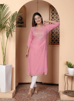 his&her Women Embroidered, Embellished Straight Kurta(Pink)