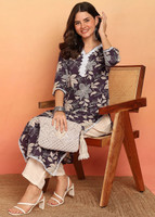 VBUYZ Women Printed Straight Kurta(Purple)