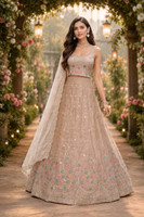 ALANKAR ART Embroidered Semi Stitched Lehenga Choli(Beige, Gold)