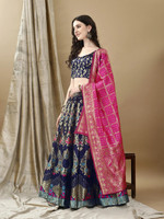 SWAMI STUDIO Floral Print, Embellished, Self Design Semi Stitched Lehenga Choli(Dark Blue, Pink)