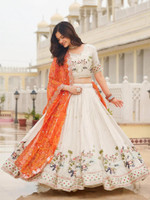 Kedar Fab Embroidered Semi Stitched Lehenga Choli(White, Orange)