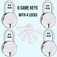 IDARA Round 65mm Same Key Lock Set - 4 Locks with 6 Same Keys for Home & Shop Security Padlock(Chrome)