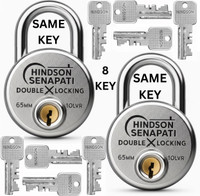 HINDSON 8 Same Keys SENAPATI 65mm Double Locking Pack Of 2 | Lock and Key for Security Padlock(Silver)
