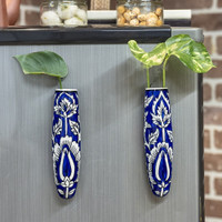 lazy gardener Magnetic Hydroponic Ceramic Handmade Planter - Navy Blue & White Fridge Magnet Pack of 2(Blue)