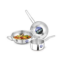 BERGNER BE Essentials Tripro Triply 3 Pcs of Kadai 24cm/3 L, Teapan 14cm, Frypan 22cm Induction Bottom Cookware Set(Triply, Stainless Steel, 3 - Piece)