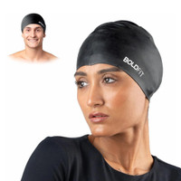 BOLDFIT Swimming Cap Men Swim Cap for Women Swimming Pool Cap Full Head Cover Silicon Swimming Cap(Black, Pack of 1)