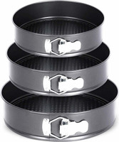 Drunna Teflon Coated Spring Form Set of 3 Round Cake Mould for Baking Non Stick Cake Tins/Pan/Tray for Microwave Oven, and Cooker Carbon Steel Cake Mould 1(Pack of 3)
