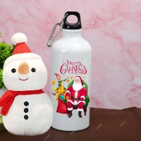 V Kraft MERRY CHRISTMAS PRINTED SIPPER BOTTLE WITH CUTE LOVABE SNOWMAN SOFT TOY 01 600 ml Sipper(Pack of 2, White, Aluminium)