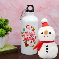 V Kraft MERRY CHRISTMAS PRINTED SIPPER BOTTLE WITH CUTE LOVABE SNOWMAN SOFT TOY 09 600 ml Sipper(Pack of 2, White, Aluminium)
