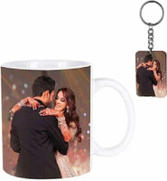 Giftspedia Photo & Text Printed Cup For Birthday , Anniversary Gift White mug + Keychain 26 Ceramic Coffee Mug(360 ml, Pack of 2)