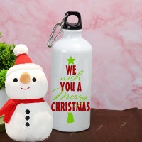 V Kraft MERRY CHRISTMAS PRINTED SIPPER BOTTLE WITH CUTE LOVABE SNOWMAN SOFT TOY 05 600 ml Sipper(Pack of 2, White, Aluminium)