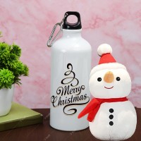 V Kraft MERRY CHRISTMAS PRINTED SIPPER BOTTLE WITH CUTE LOVABE SNOWMAN SOFT TOY 06 600 ml Sipper(Pack of 2, White, Aluminium)