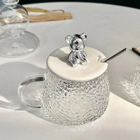 THEODORE Teddy Bear with Lid and Spoon Glass Coffee Tea Cup Premium Luxury Quality Glass Coffee Mug(400 ml)