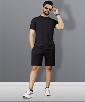 VeBNoR Men Self Design Black Top & Shorts Set