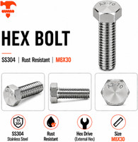 fasteners farm Bolt Hex Bolt M8X30(Pack of 10)(Stainless Steel)