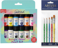 ARTZIA Acrylic Colors Set of 12 180ml with 5 Artist Brushes for DIY Art & Craft(Set of 12, Multicolor)