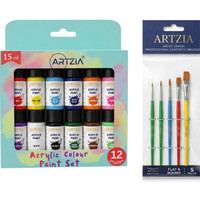 ARTZIA Acrylic Colors Set of 12 180ml with 5 Artist Brushes for DIY Art & Craft(Set of 12, Multicolor)
