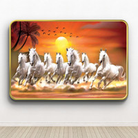 Indianara Vastu Seven Running Horses Without Glass Framed Art Print (12 *18 Inches) Digital Reprint 12 inch x 20 inch Painting(With Frame)