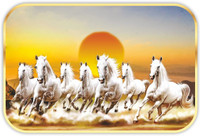 saf 7 Running Horses Sparkle lamination Round Golden Framed Large Painting Digital Reprint 20 inch x 14 inch Painting(With Frame)