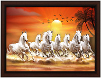Masstone Lucky Seven Running Horses Vastu UV Matt Textured Effect HD Framed Digital Reprint 11 inch x 14 inch Painting(With Frame)