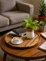 LUNATIC CRAFTWORK 11 inches Wooden Tray Round Wood Tray Solid Wooden Round Tray. Tray(Microwave Safe)