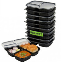 VOI-LA Disposable Meal Tray with lid 3 Compartment Plates for Lunch, Virgin Plastic Dinner Plate(Pack of 25, Microwave Safe)