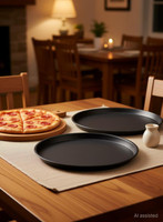 H&M Store Carbon Steel Pizza Pan Tray for Baking in Oven Non Stick Black Pizza Tray(Pack of 3, Microwave Safe)