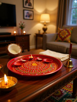 P A HEALTH AND FITNESS Decorated Steel Pooja Thali with Diya Set/Haldi Kumkum Diwali Plate.[12INCH] Steel(1 Pieces, Red, Gold)