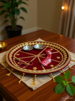 giftsrus Welcome Ribbon Cutting Thali with Tassels-Puja Thali Palette for Wedding Stainless Steel(1 Pieces, Maroon)