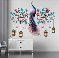 "MAHAKAL" 76 cm Big Green Peacock Home Decoration Hanging Lantern With Butterfly Wall Decal Self Adhesive Sticker (Pack of 1) Paper Print(22 inch X 29 inch, NORMAL)