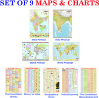COMBO OF 9 ENGLISH MAPS & CHARTS | India & World Map ( Both Political & Physical ) with History, Constitution, Constitutional Amendments,Indian Economy & Geography Chart Paper Print(40 inch X 28 inch, FOLDED)