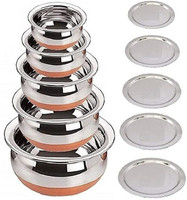 LIMETRO STEEL Copper Base Handi with Lid / Urli Set Cookware Set(Stainless Steel, 5 - Piece)