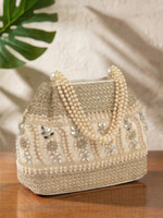 Demerra Women's Gold Pearl Embroidered Potli Handbag for Wedding Party & Festive Use Potli
