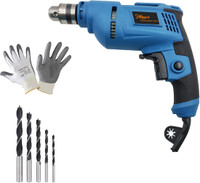 Hillgrove 100% Copper Winding HGCM1097M3 500W Power Drill with Gloves, Wood Drill Bits for Holes in Metal/Wood/Concrete with Reverse Rotation and Variable Speed HF0184 Pistol Grip Drill(10 mm Chuck Size)