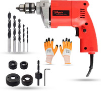 Hillgrove HGCM529M1 With 10mm Drill Machine with 5Pcs Wood Drill Bits and 6Pcs Hole Saw Drill Bits for Making Holes in Concrete/Metal/Wood Pistol Grip Drill Pistol Grip Drill(10 mm Chuck Size)