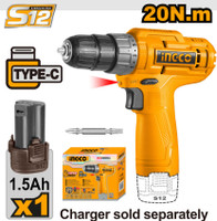 INGCO Power Tools 12V Cordless Drill with 1 Pcs 1.5Ah Battery Cordless Drill(10 mm Chuck Size)