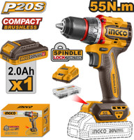 INGCO Compact Brushless Cordless Drill 55Nm, 13mm Metal Chuck, 2-Speed, with 1Pcs Battery, 1Pcs Charger, 47Pcs Accessories, CDLI205582 Cordless Drill(13 mm Chuck Size)