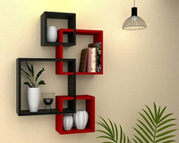 PraPooCraft Wooden Intersecting Wall Shelves for Living Room, Bedroom. MDF (Medium Density Fiber) Wall Shelf(Number of Shelves - 4, Black, Red)