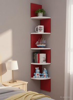 woodinzo Wooden Zigzag Corner Wall Mount Shelf Unit for Home MDF (Medium Density Fiber), Wooden Wall Shelf(Number of Shelves - 5, Red, White)