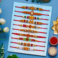 Thread 4010-Rakhi Set For Brother Combo With Roli Chawal Greeting Card-Family-10 Mauli Thread Rakhi, Chawal Roli Pack, Greeting Card Set by PRIDE STORE(10 Rakhi, 1 Greeting Card, 1 Pack Roli chawal)