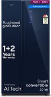 Godrej 600 L Frost Free Side by Side 3 Star Refrigerator  with Smart Convertible AI Powered 3 Intelligent Modes Glass Door Digital Touch Panel Inverter(Storm Blue, RS EONVELVET 646C RIT SM BL)