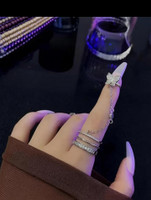 AKISON JEWELS Butterfly Chain Ring For Women Girls Korean Ring Western Ring fashion party Alloy Crystal Silver Plated Ring Set