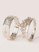 RAPPERSSHOP Crown Cross CZ Couple Rings Silver King Queen Engagement Gift Brass Silver Plated Ring Set