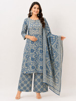ABC Embroidered, Woven, Floral Print Kurta, Palazzo & Dupatta Set