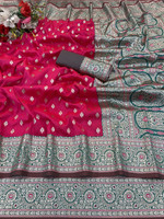 KanjiQueen Woven Kanjivaram Silk Blend, Pure Silk Saree(Pink, Grey)