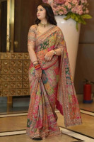 YUG ART Printed, Embellished Bollywood Silk Blend Saree(Multicolor)